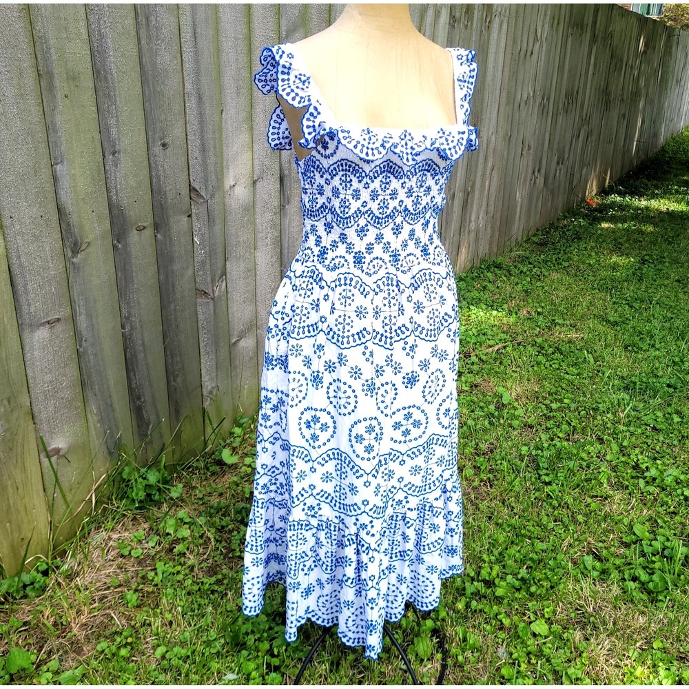 Eyelet Milkmaid Midi Dress Crown & Ivy M blue White feminine garden ruffled